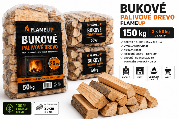 Bukové palivové drevo Flameup – 150 kg (3 × 50 kg) – polená s dĺžkou 25 cm – vhodné pre kachle, krby, vonkajšie ohniská a grily