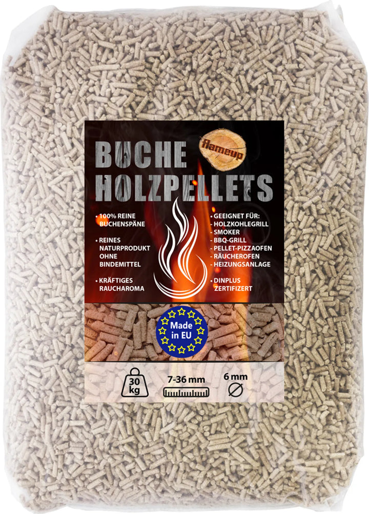 Bukové drevené pelety – 750 kg (25 vriec × 30 kg) – na grilovanie, údenie a pece na pizzu – pelety na varenie – vonkajšie pece – údenie – príslušenstvo na grilovanie Flameup