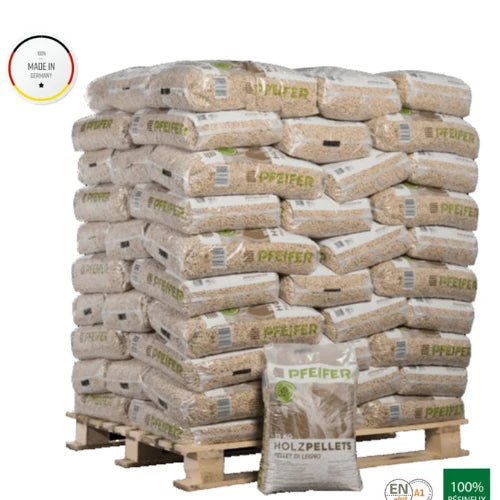 Drevené pelety PFEIFER A1 – 6 mm – 15 kg / Paleta 1050 kg (70 vriec × 15 kg)