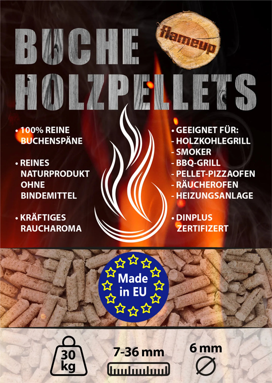 Bukové drevené pelety – 750 kg (25 vriec × 30 kg) – na grilovanie, údenie a pece na pizzu – pelety na varenie – vonkajšie pece – údenie – príslušenstvo na grilovanie Flameup