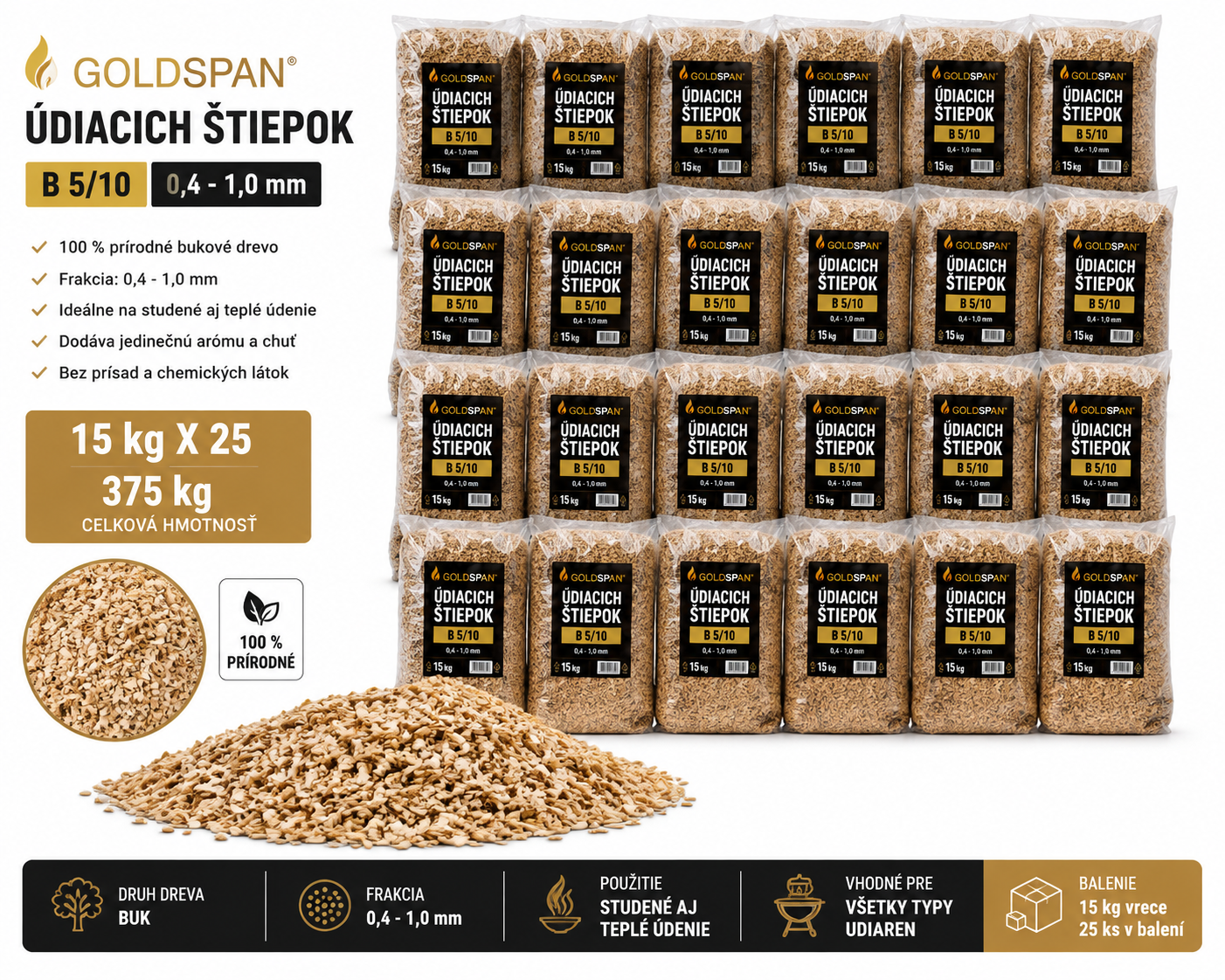 Údiace štiepky Goldspan B 5/10 – 375 kg (25 vriec po 15 kg) – zrnitosť 0,4 až 1,0 mm