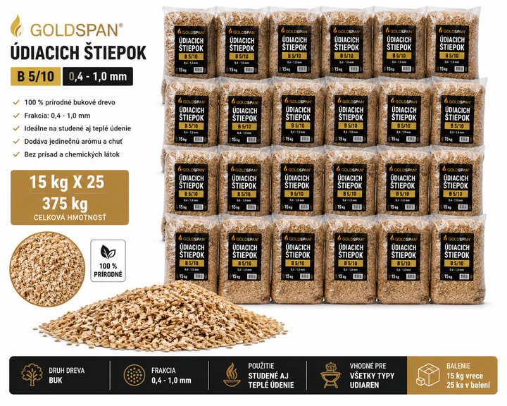 Údiace štiepky Goldspan B 5/10 – 375 kg (25 vriec po 15 kg) – zrnitosť 0,4 až 1,0 mm