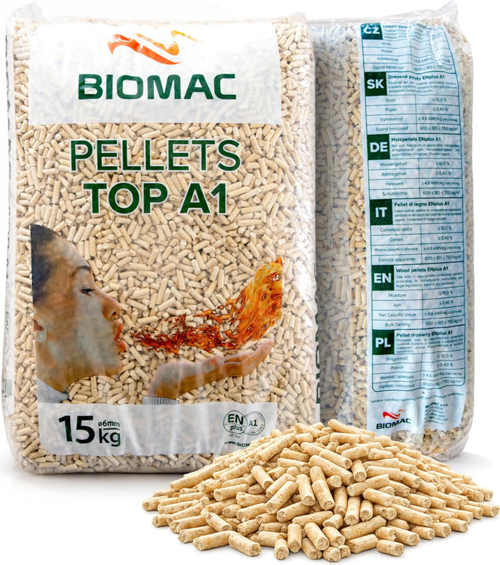 Drevené pelety TOP ENplus A1 v 15 kg vreci / Paleta 1050 kg (70 vriec ×15 kg)